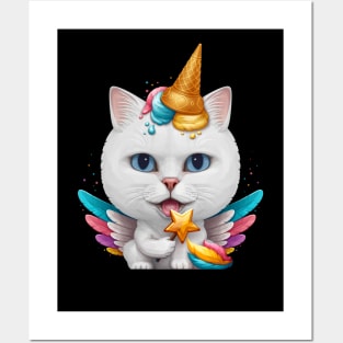 White Cat Ice Cream Unicorn Posters and Art